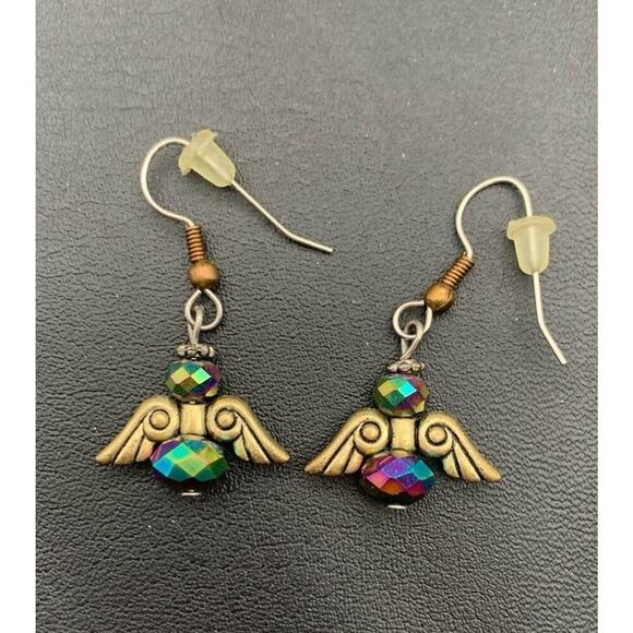 Gold / Brass Tone Oil Slick Iridescent Color Angel Wing Dangle Earrings - Picture 2 of 3